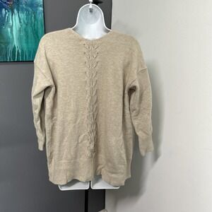 Poof Women's Medium Oatmeal Open Front Cardigan Laced Up Back Pockets 3/4 Sleeve